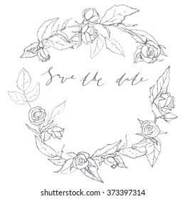 lettering save the date with a painted wreath of roses on white background, beautiful calligraphy with hand drawing flowers and leaves, vector illustration