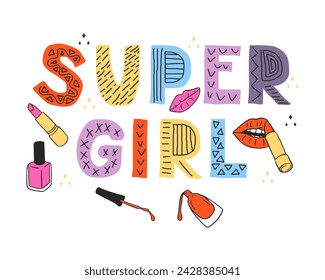 Lettering in Scandinavian style on Womens day. Text Super girl in childish style. Isolated vector illustration on white background. Good for poster, printout