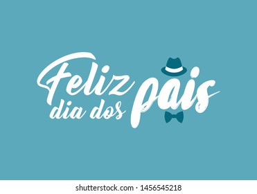 Lettering script calligraphy handwriting happy fathers day with hat and bow tie in portuguese