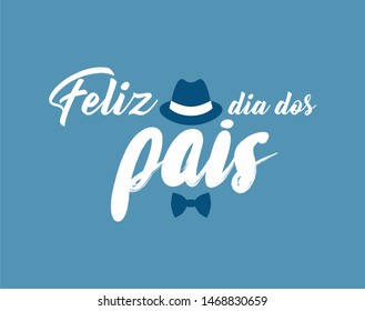 Lettering script calligraphy handwriting happy fathers day with hat and bow tie in portuguese