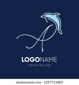 Lettering script A with Dolphin Silhouette Logo Design Vector Icon Graphic Emblem Illustration 