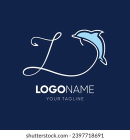 Lettering script L with Dolphin Silhouette Logo Design Vector Icon Graphic Emblem Illustration 