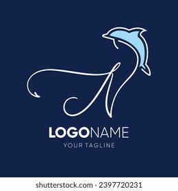 Lettering script N with Dolphin Silhouette Logo Design Vector Icon Graphic Emblem Illustration 
