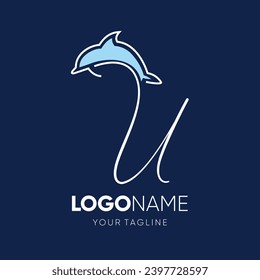 Lettering script U with Dolphin Silhouette Logo Design Vector Icon Graphic Emblem Illustration