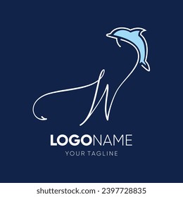 Lettering script W with Dolphin Silhouette Logo Design Vector Icon Graphic Emblem Illustration