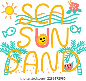 Lettering of sea sun sand beach for summer in cute colorful cartoon style 