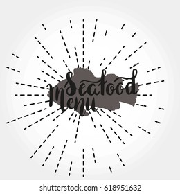Lettering seafood menu, hand drawn with brush pen with fish silhouette, inc. Vector. Logo. Could be used for fish restaurant, market.