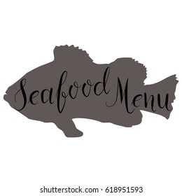 Lettering seafood menu on fish silhouette, hand drawn. Vector. Logo. Could be used for fish restaurant, market.