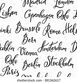 Leyendo el patrón transparente de las mayúsculas de Europa se establecen los nombres. Dulce tipografía de inspiración. Elemento de diseño gráfico fotográfico con póster de caligrafía. Cartel escrito a mano. Roma Amsterdam Oslo Lisboa Viena