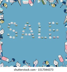 Lettering. Seamless pattern. Illustration in blue, neutral and white colors. Sale words cloud, business concept background. Vector.