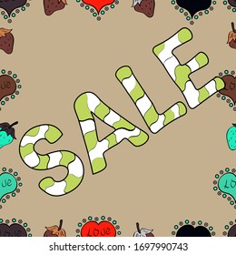 Lettering. Seamless pattern. Sale banner template design. Illustration in green, black and beige colors. Vector.