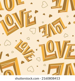 Lettering Seamless Pattern Vector. Colorful Love typography with small hearts. Design templates for fashion, fabric, textile, wrapping paper, wallpaper. Modern typographic hand drawn background.