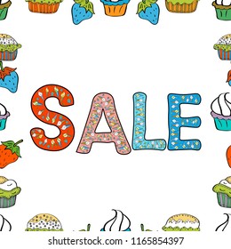 Lettering. Seamless. Shop market poster design. Illustration in white, blue and black colors. Vector. Sale offer, banner template.