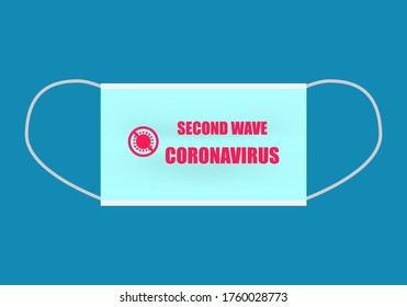 Lettering second wave coronavirus and symbol of stop coronavirus on blue protective mask. Vector illustration.