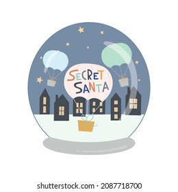 Lettering Secret Santa, Snow ball, delivery of gift by parachute. Concept vector illustration