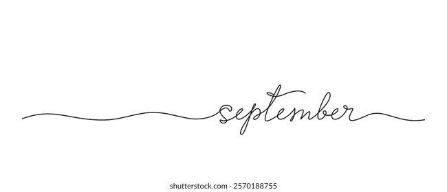 Lettering September drawn with continuous line in minimalism, abstract style, handwritten inscription, calendar, name of month, autumn, planner, word, letters, one line, editable vector contour