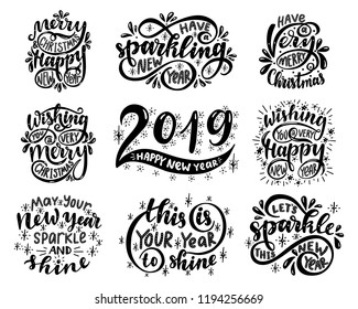 Lettering set. 2019. Merry christmas & happy new year. Wishing you a very merry christmas. Wishing you a very happy new year.