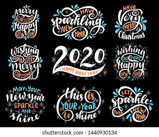 Lettering set. 2020. Merry christmas & happy new year. Wishing you a very merry christmas. Wishing you a very happy new year.