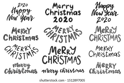 Lettering set. 2020. Merry christmas. Happy new year. Hand drawn vector illustration.