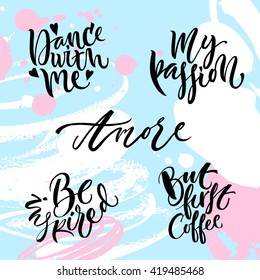 Lettering set for cards. Hand drawn lettering. Modern calligraphy. Ink illustration. Design for banner, poster, card, invitation, flyer, brochure. Isolated on textured colour background. 