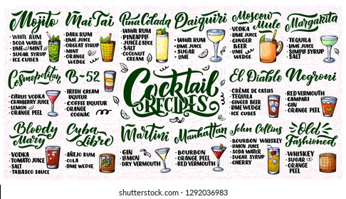 Lettering set of cocktails recipes. Template for card banner and poster for bar menu and restaurant. Vector illustration