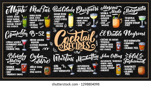 Lettering set of cocktails recipes. Template for card banner and poster for bar menu and restaurant. Vector illustration