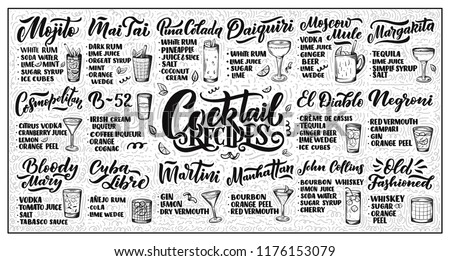 Lettering Set Cocktails Recipes Template Card Stock Vector