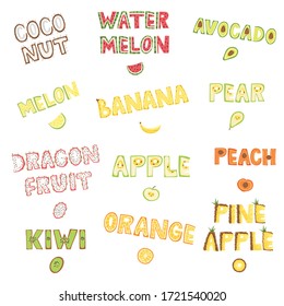 Lettering set with fruit words. Vector illustration.