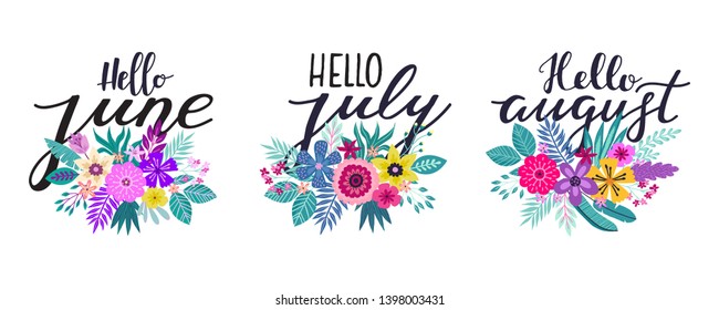Lettering set Hello June, July, August. hand drawn calligraphy and doodles. Lettering logo badges, isolated. Typography design elements
