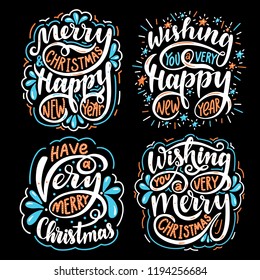 Lettering set. Merry christmas & happy new year. Wishing you a very merry christmas. Wishing you a very happy new year.