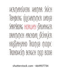 Lettering set. Names of Norway and its main cities / administrative centers in Nordic art deco style isolated on white background. Vector illustration.