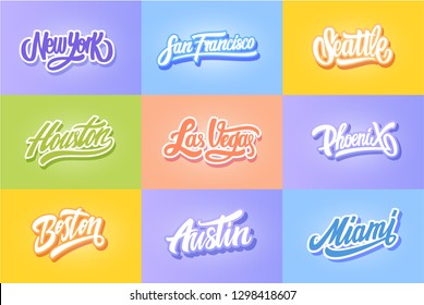 lettering set of United State cities. New York, San Francisco , Seattle, Houston, Boston, Las Vegas, Austin, Miami. Vector calligraphy.