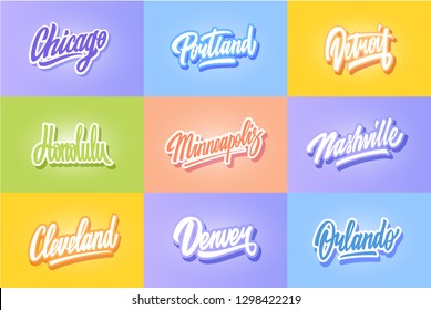 lettering set of United State cities. Chicago, Portland, Detroit, Honolulu, Minneapolis, Neshville, Cleveland, Denver ,Orlando.