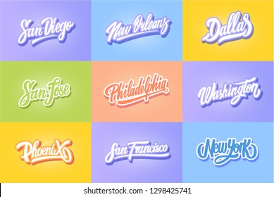 lettering set of United State cities. San Diego, New Orleans,Dallas, San Jose, Philadelphia, Washington , Phoenix, San Francisco ,New York.