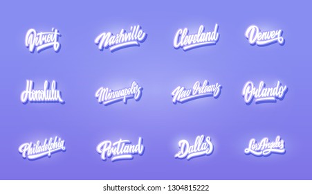 Lettering set of United State cities.detroit,los angeles,portland ,dallas,denver,orlando,minneapolis,honululu,cleveland.Vector calligraphy.