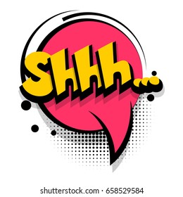 Lettering Shh, silence. Comics book balloon. Bubble icon speech phrase. Cartoon exclusive font label tag expression. Comic text sound effects. Sounds vector illustration. comic text, cartoon font