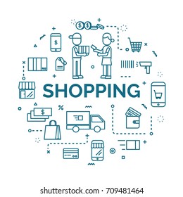 lettering of shopping concept with line icons set.