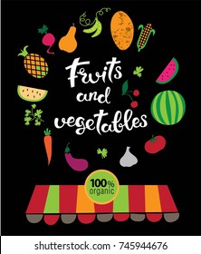 Lettering Sign Fruits and vegetables. Farm mark Organic vegetables for a healthy diet. Illustration suitable for poster or centerfold about diet healthy eatinget set. 