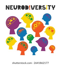 Lettering and silhouettes of various brain structure. Neurodivergent spectrum awareness concept. Different heads, minds and thinking. Cognitive differences inclusion vector flat illustration.