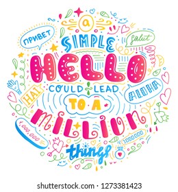 Lettering simple hello in different language doodle quote in sketch style. Hand draw beautiful phrase. Motivation concept