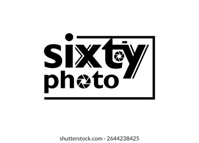 lettering of sixty photo monochrome logo modern design typography vector illustration on white background. photographic concept with camera shape as negative space of letter t and y, lens icon