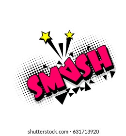 Lettering smash, star, boom explosion. Comics book text balloon. Cartoon font label tag expression. Halftone sound effects. Sounds vector illustration. Bubble icon speech phrase.