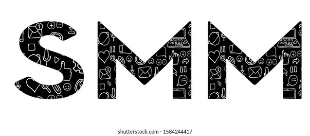 Lettering SMM. Black letters filled up with white web and media icons. Lettering isolated on white background. Simple and clear. 