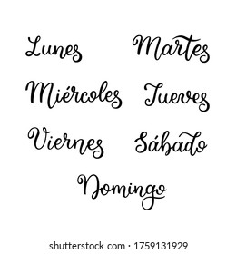 Lettering in spanish, days of the week - Monday, Tuesday, Wednesday, Thursday, Friday, Saturday, Sunday. Handwritten words for calendar, weekly plan, organizer.