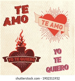 Lettering with Spanish saying Yo Te Quiero meaning I Love You, Lettering with Spanish saying Te Amo meaning I love you, Valentine Greetings