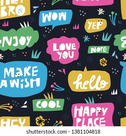 Lettering in speech bubbles seamless pattern. Cartoon white words in multicolor frames. Cherries and flowers in scandinavian style. Flat hand drawn text clouds background. Hello, Happy Place messages