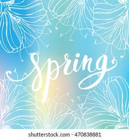 lettering "Spring" with the colors of the line. Background from multi-colored mesh
