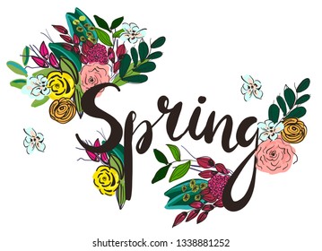 Lettering spring with flowers. Isolated print for t-shirt, textile, fabric, poster, massage, phone case and other design.