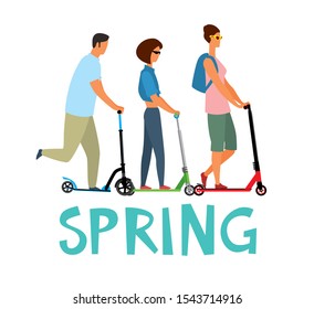 Lettering Spring. Girls and man ride scooters