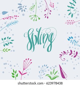 Lettering "Spring". Hand writing. Calligraphic type. Green on a light background with plants